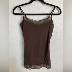 Express Y2K Tank Top Cami Sz S Babydoll Lace Trim Sexy Stretch Brown Shelf Bra